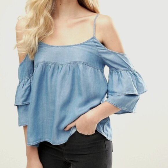 Walter Baker | Lyocell Cold Shoulder Blue Ruffle Sleeve "Tara" Top | Medium - Picture 1 of 14